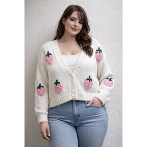 Luna Ivy Strawberry Cardigan L Cream Chunky Knit Button Front Kawaii Kidcore